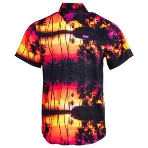 Dixxon Flannel Maui Nights Aloha Hawaiian Palm Tree Orange Black Party Shirt